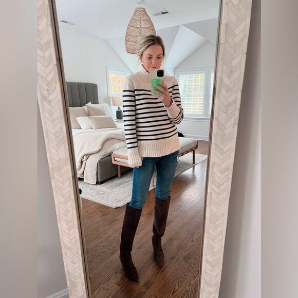 J.CREW Cotton Turtleneck Sweater in Stripe Ivory White & Black Oversized XS NEW - Picture 6 of 14